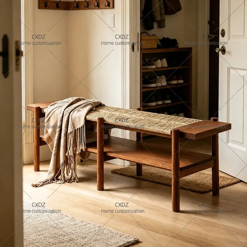 Nordic Rattan Shoe Stool Bedroom Footrest Bedside Bench Couch Footstool Home Entryway Seating