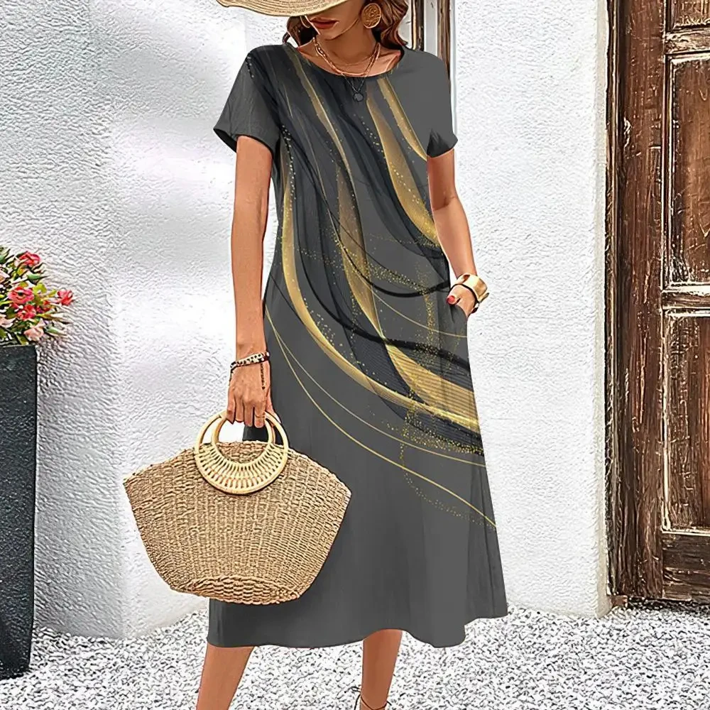 

Elegant Women Dress Summer Short Sleeves Dresses streaks Printed Woman Clothing Loose A-Line Skirt Casual Round Collar Pullover