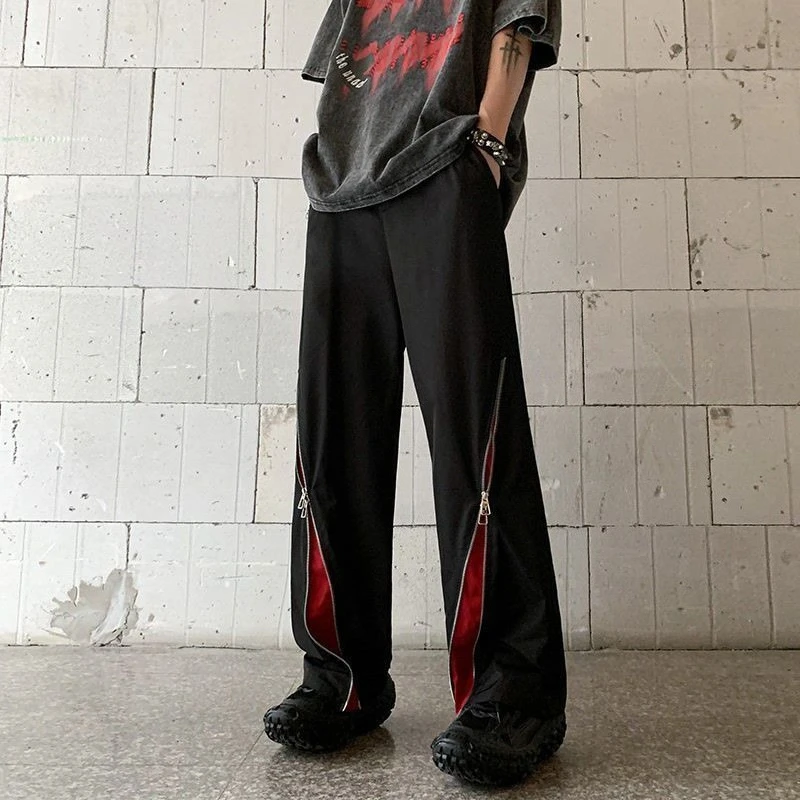 

Contrast Color Zip Casual Straight Pants Man Summer Baggy Trousers for Men High Quality Aesthetic Streetwear Original Clothing