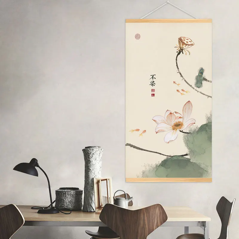 Chinese Style Flower Lotus Canvas Painting Decorative Wall Pictures Zen Spirit Living Room Wall Art Prints Scroll Wall Painting