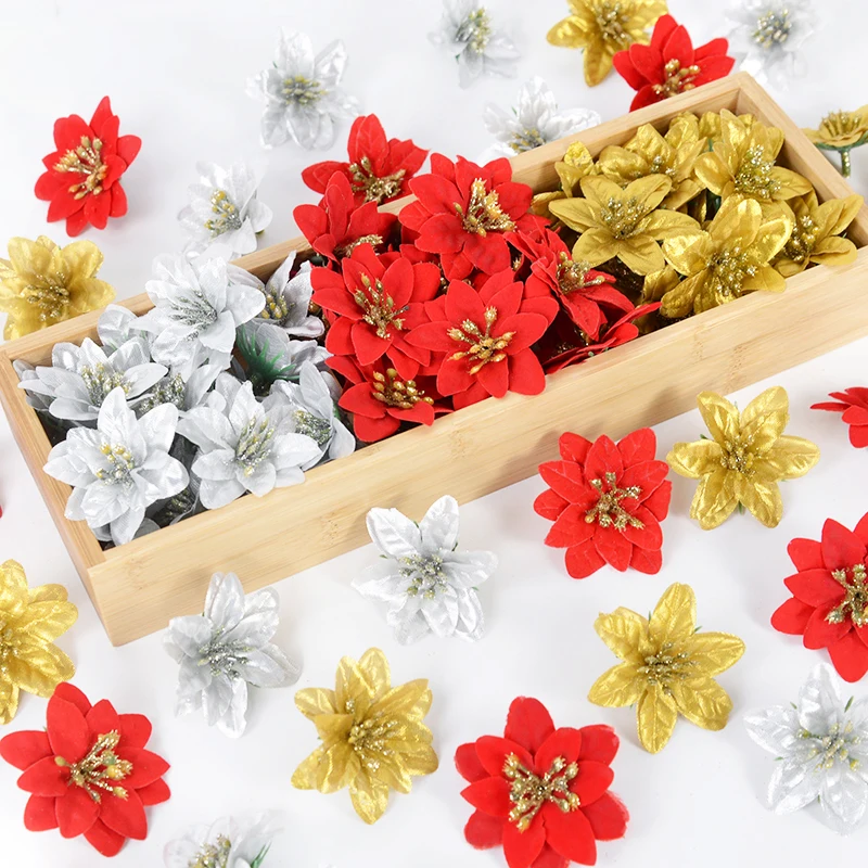 10/20pcs Glitter Artificial Flower Christmas Poinsettia Fake Flowers Xmas Tree Ornaments New Year Christmas Decorations for Home