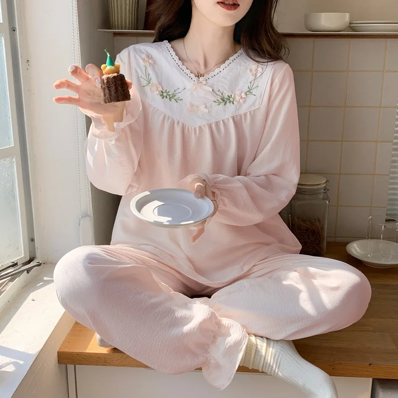 Autumn Two Piece Women\'s V-Neck Sweet Home Clothes Lace Long Sleeve Pajama Trousers Set Casual Women\'s Pink Bow Cute Pajama Set