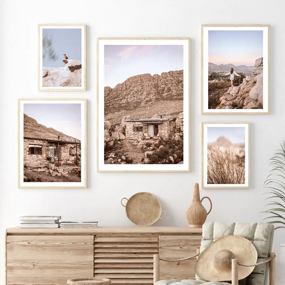 

Outdoor Coffee House Girl Beige Dried Grass Mountain Wall Art Print Canvas Painting Nordic Poster Pictures For Living Room Decor