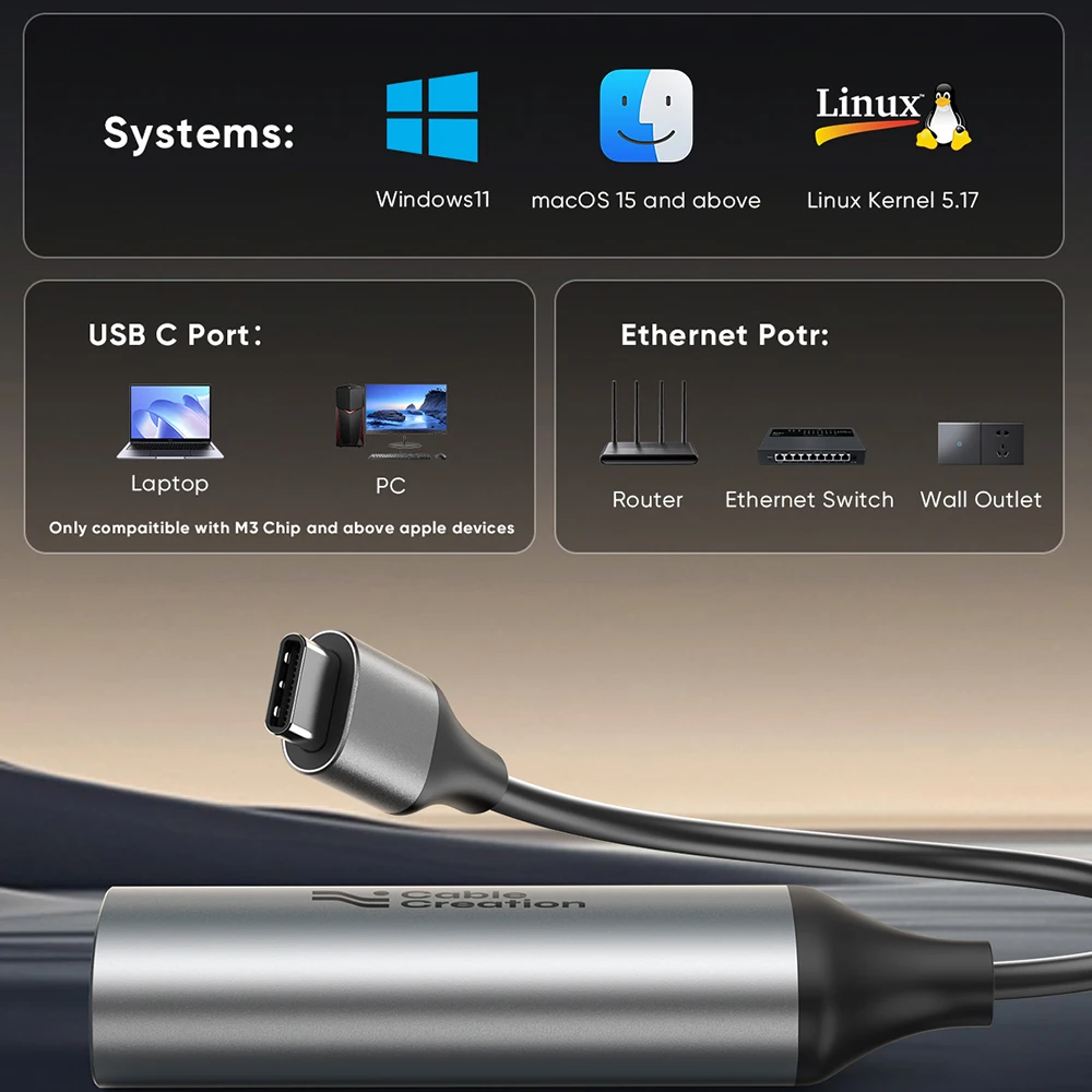 Адаптер CableCreation USB C — Ethernet 5 Гбит/с, интернет-адаптер сетевой локальной сети 5 Гбит/с типа C — RJ45, совместимый с MacBook, XPS