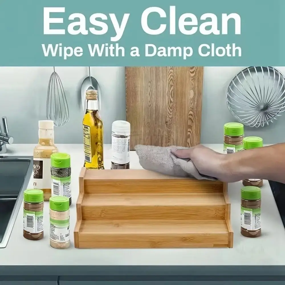 3-Tier Spice Rack Organizer Expandable Bamboo Kitchen Cabinet Organizer Solid Wooden Space-Saving Seasoning Organizer Pantry