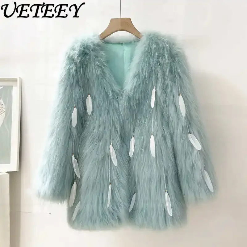 2023 New Fur Coat Women's Winter Imitation Fox Fur Mid-Length Korean Style Elegant Pearl Tassel Thickened Raccoon Fur Coat