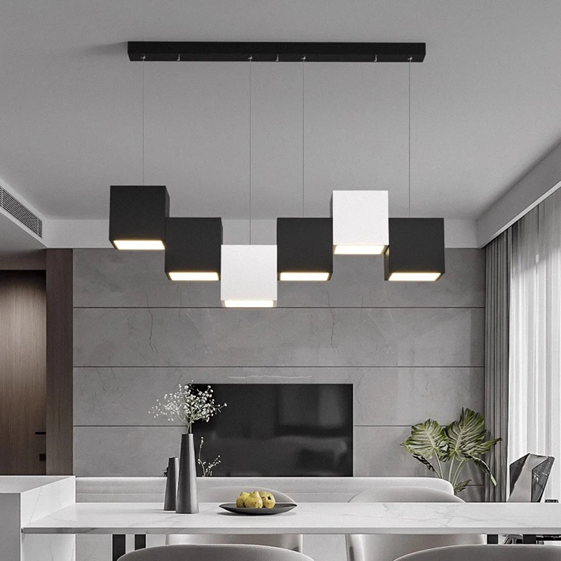 

2025 Modern Black and white Square Creative design chandelier Black Ceiling hanging lustre APP with RC Dimmable for dining room