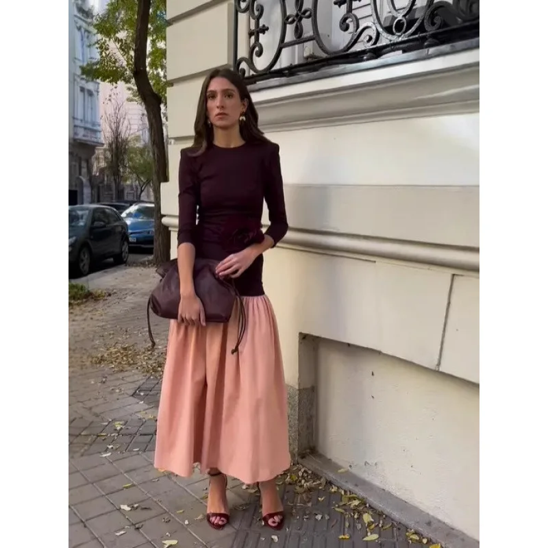 여성 맥시 스커트 패션 2025 새로운 우아한 대비 스플 라이스 Pleated 라운드 칼라 긴 소매 슬림 가운 여성 Partywear 드레스