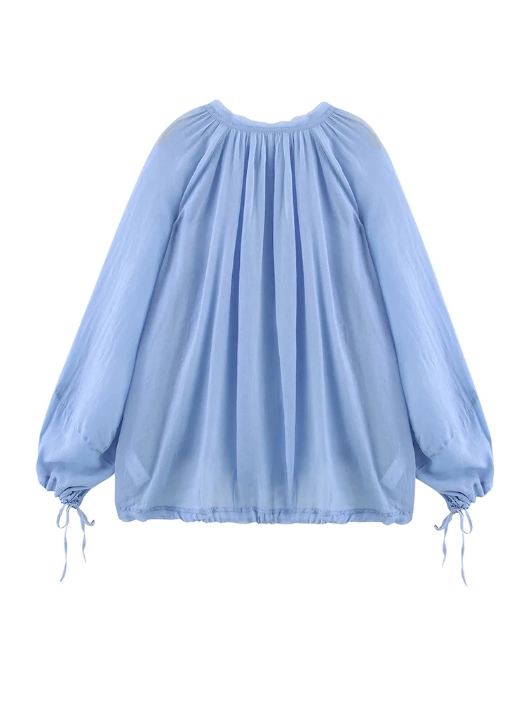 Casual Loose Shirt For Women Sexy See-Through Lace Up Long Sleeved Blouse Female 2025 New Summer Chic Sweet White Blue Shirts