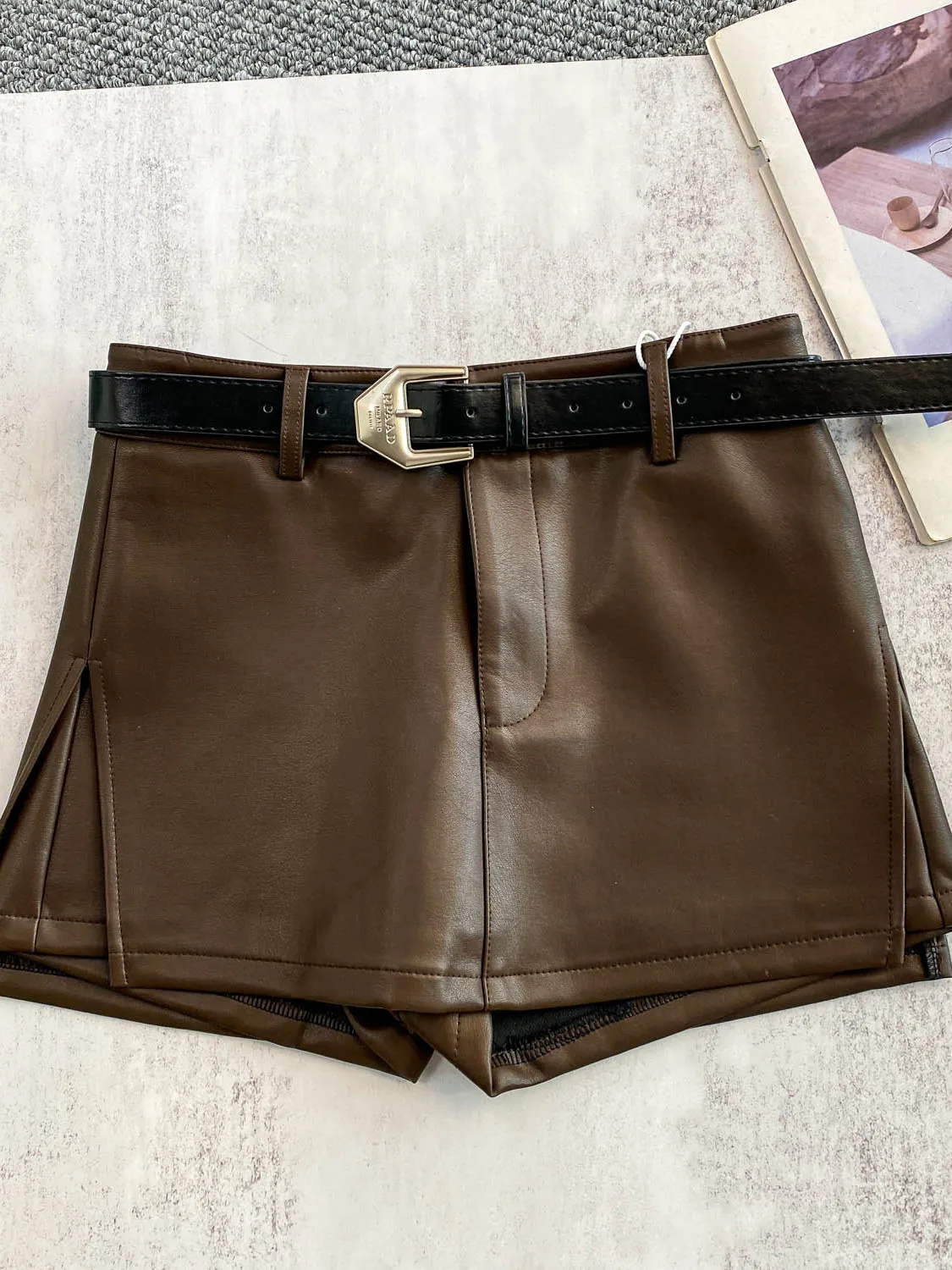 تنورة من جلد البولي يوريثان باللون البني بخصر عالٍ وتصميم تنحيف على شكل حرف A للنساء، سراويل تنورة عصرية عالية الجودة