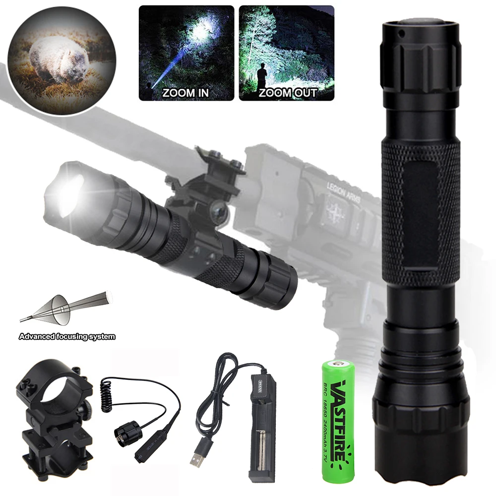 

Tactical Zoomable LED Hunting Flashlight 300 Yards Adjust Focus Torch with Rifle Scope Mount for Outdoor Camping Hiking Fishing