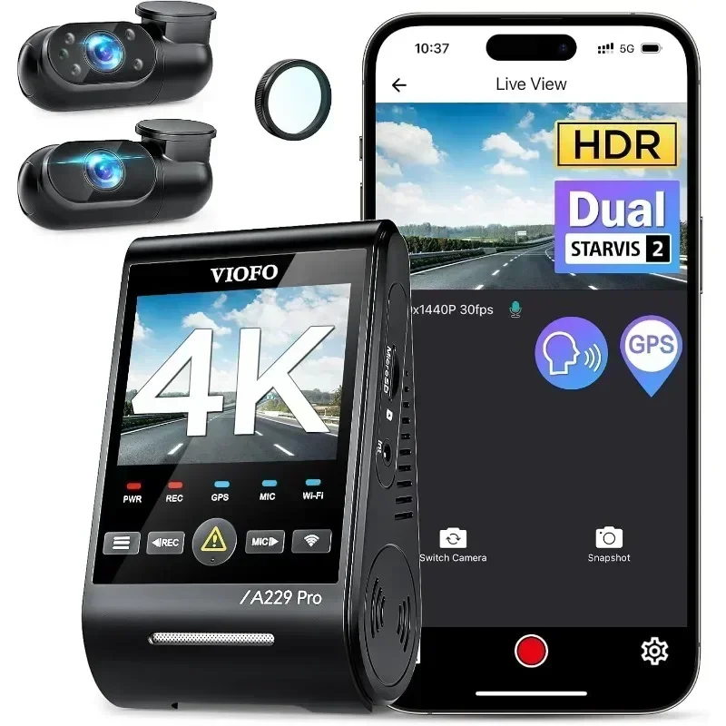 Support 512GB A229 Pro 3 Channel 4K HDR Dash  Car Camera, 5GHz WiFi GPS, Voice Control, 24H Parking Mode,