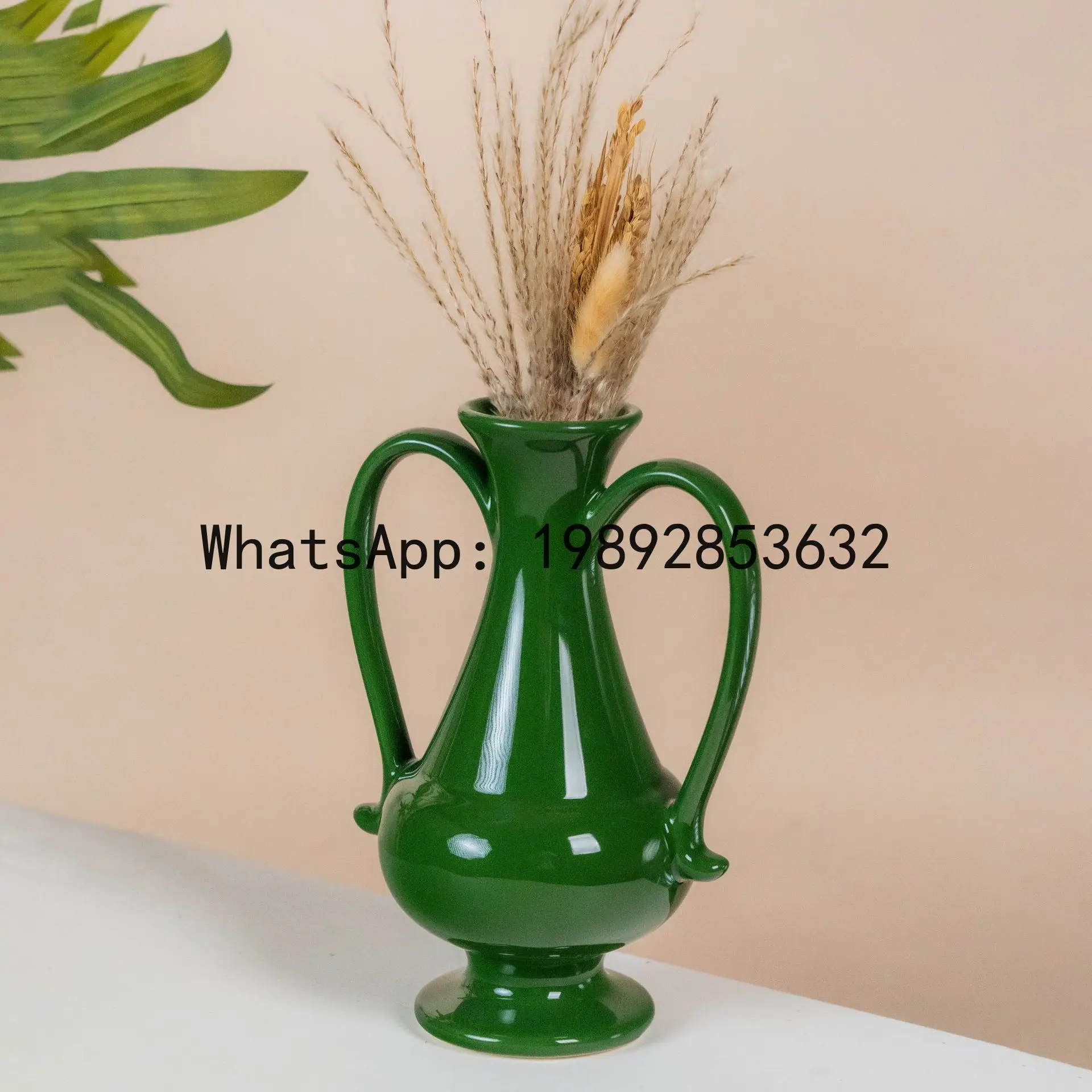 

Green Ceramic Vase Vintage Double-eared Ceramic Bottle Flower Arrangement Accessories Flower Vase Home Decoration