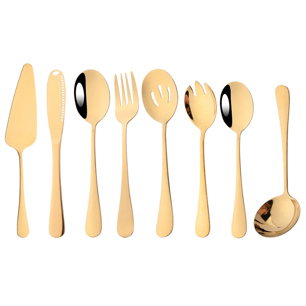 Gold 8Pcs Cutlery Serving Utensils Dinnerware Set Buffet Catering Flatware Serving Colander Spoons Fork Butter Knife Tableware