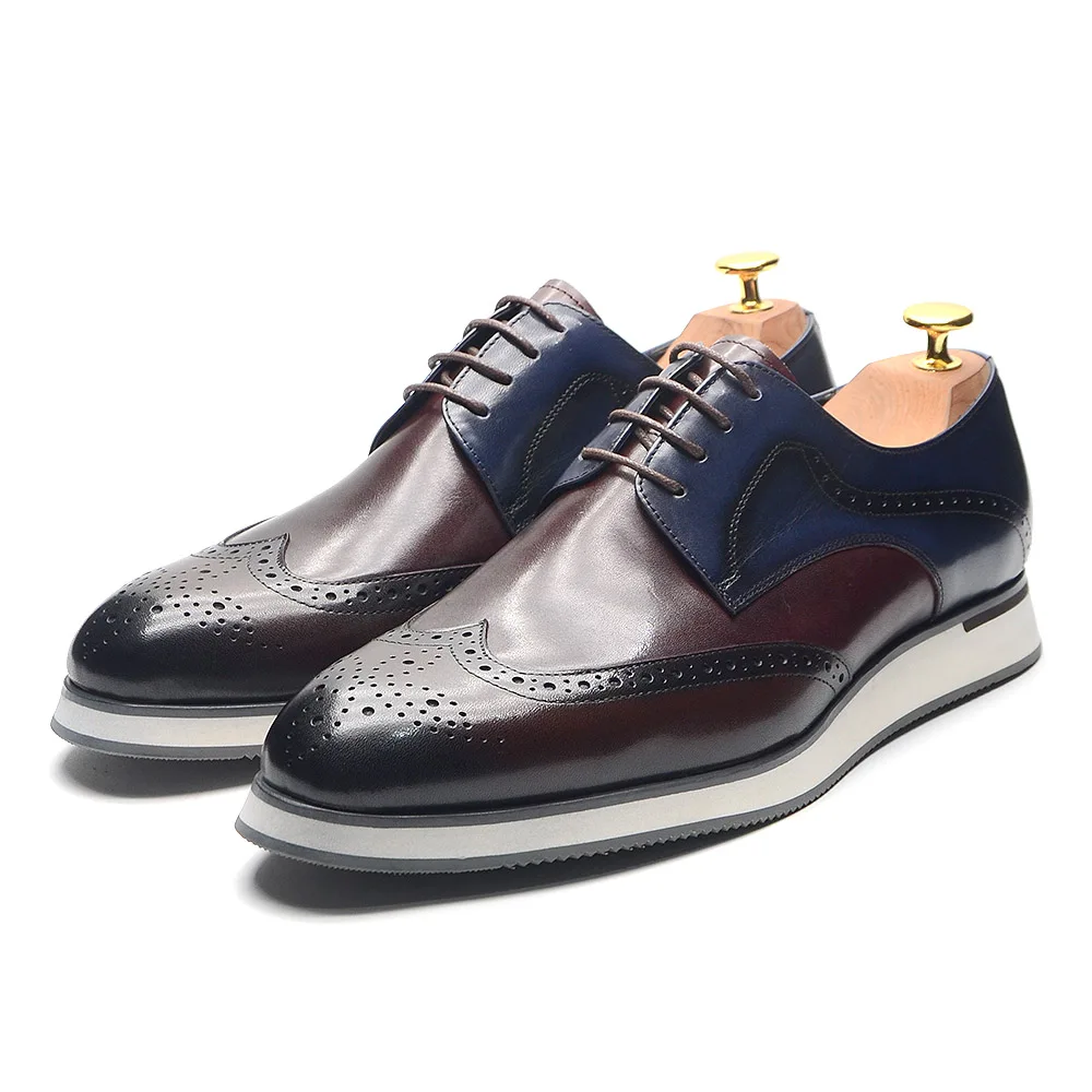 Autumn Winter Men's Casual Derby Dress Shoes Genuine Leather Mixed Colors Lace-up Wingtip Brogue Fashion Sneakers Oxfords Man