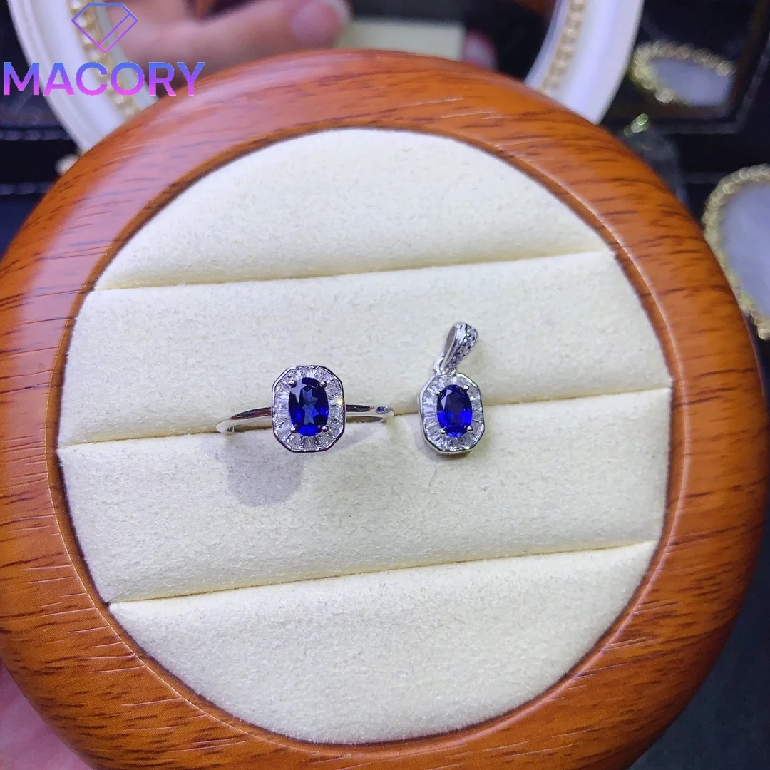 Sapphire jewelry set ladies sterling silver 925 jewelry elegant ladies set free shipping promotion Christmas ring necklace.