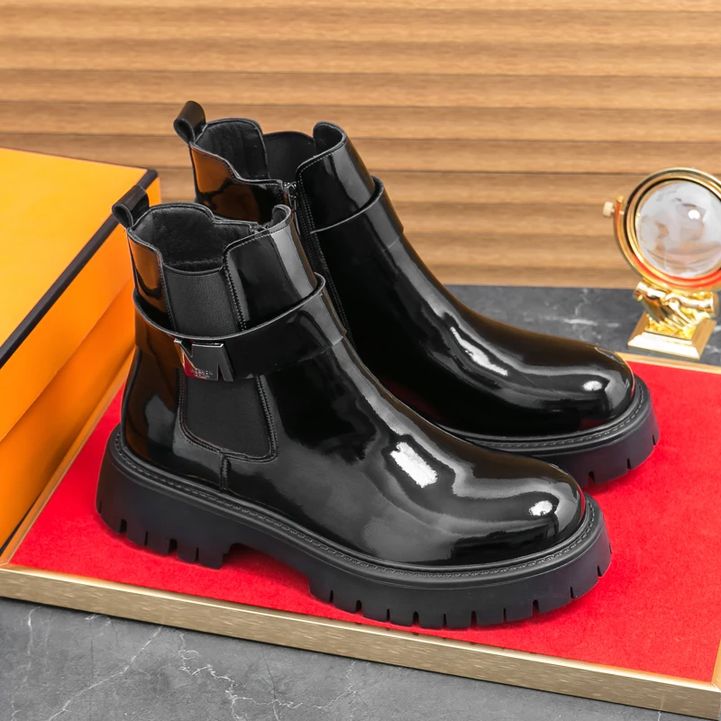 Fashionable Men's Glossy Patent Leather Comfortable High Top Boots for Autumn New Men's Breathable Side Zipper Business Boots