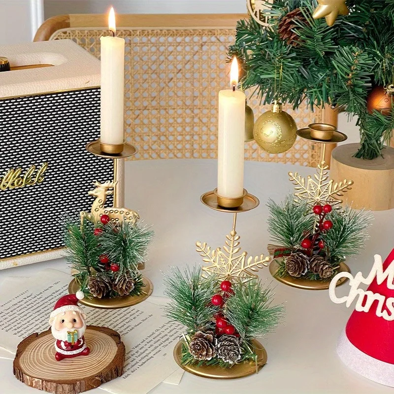 1Pc Christmas Iron Menorah Window Table Ornaments Decoration Holiday Decor, Christmas Tree Pine Cone Decorations Candlestick