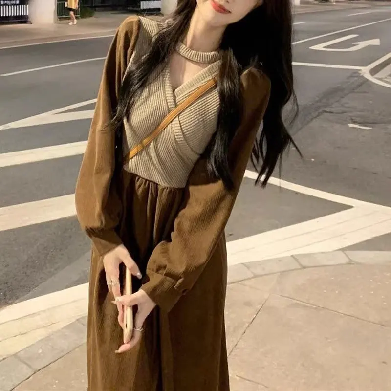 Vintage V-Neck Knitted Patchwork Dresses Female Clothing Elegant Long Sleeve Autumn Winter Commute A-Line Solid Color Midi Dress