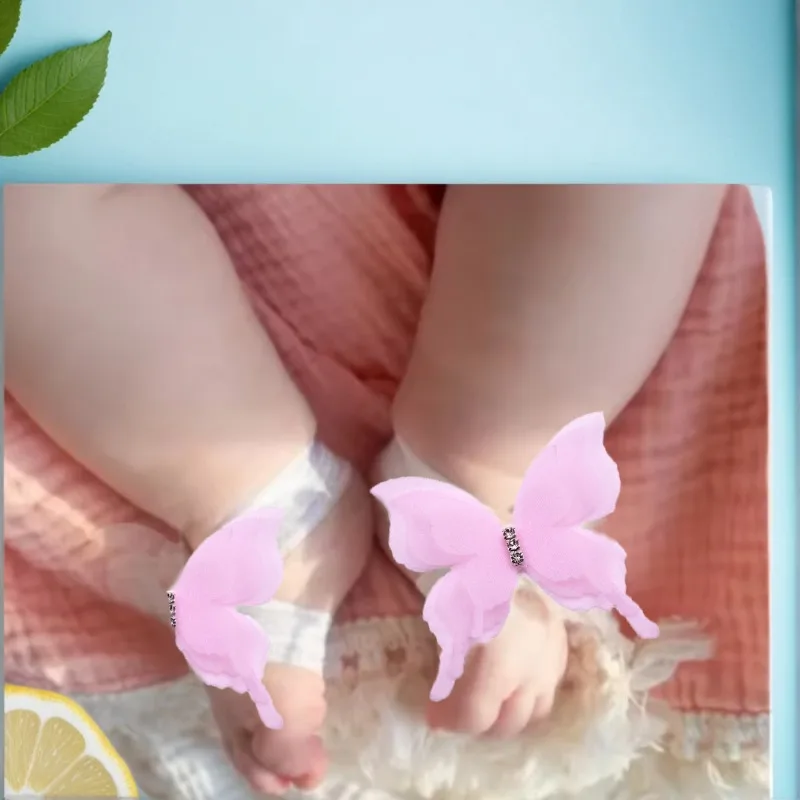 Newborn Photo Prop Barefoot Sandals - Rhinestone & Lace Butterfly Design for Baby Girls - Baby Shower Gift with Adjustable (0-6M