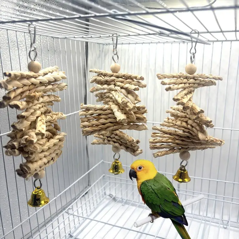 Natural Corn Husk Braided Teething Bell String Parrot Chewing Toys For Pet Birds Entertainment And Anxiety Relief
