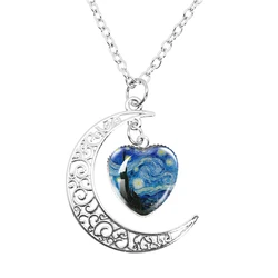 New Van Gogh Art Starry Night Sunflower Peach Heart Moon Necklace Glass Printed Photo, Men's and Women's Jewelry