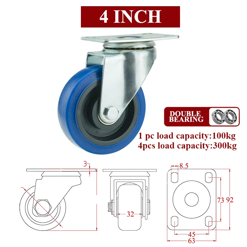 3/4/5 in Universal wheels, casters, heavy-duty rubber rotating furniture wheels, movers, noiseless shelves, handcarts, hardware