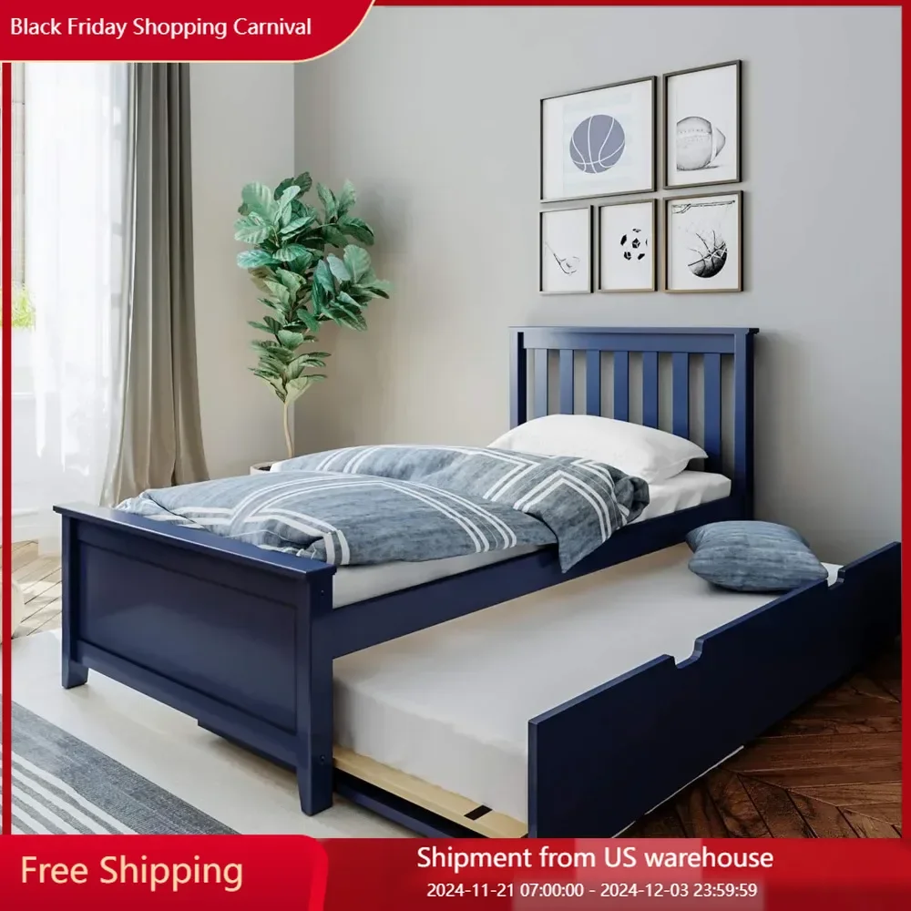 Children's bed, wooden frame with headboard, shoulder strap, flat, blue, suitable for children's bedroom, children's bed