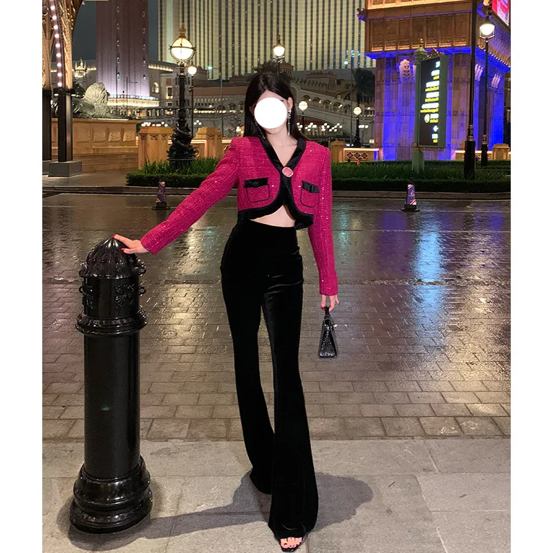 Women's Elegant Small Fragrant Flash Drill Buckle Retro Short Top Coat Feminine Socialite Black Versatile Trousers Women's Sets