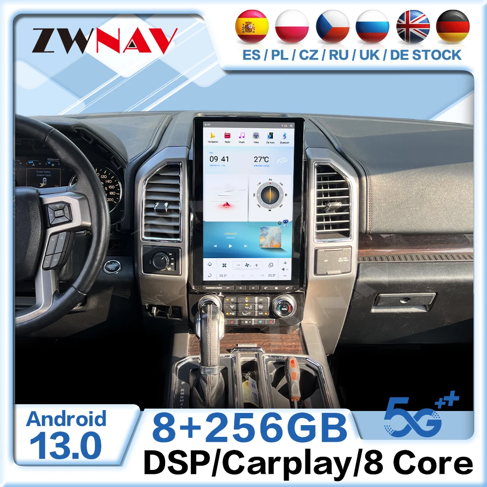 

Автомобильный радиоприемник Qualcomm Android 13 CarPlay с 16,8-дюймовым сенсорным экраном для Ford F150 2015-2020, GPS-навигация, мультимедийный плеер, головное устройство