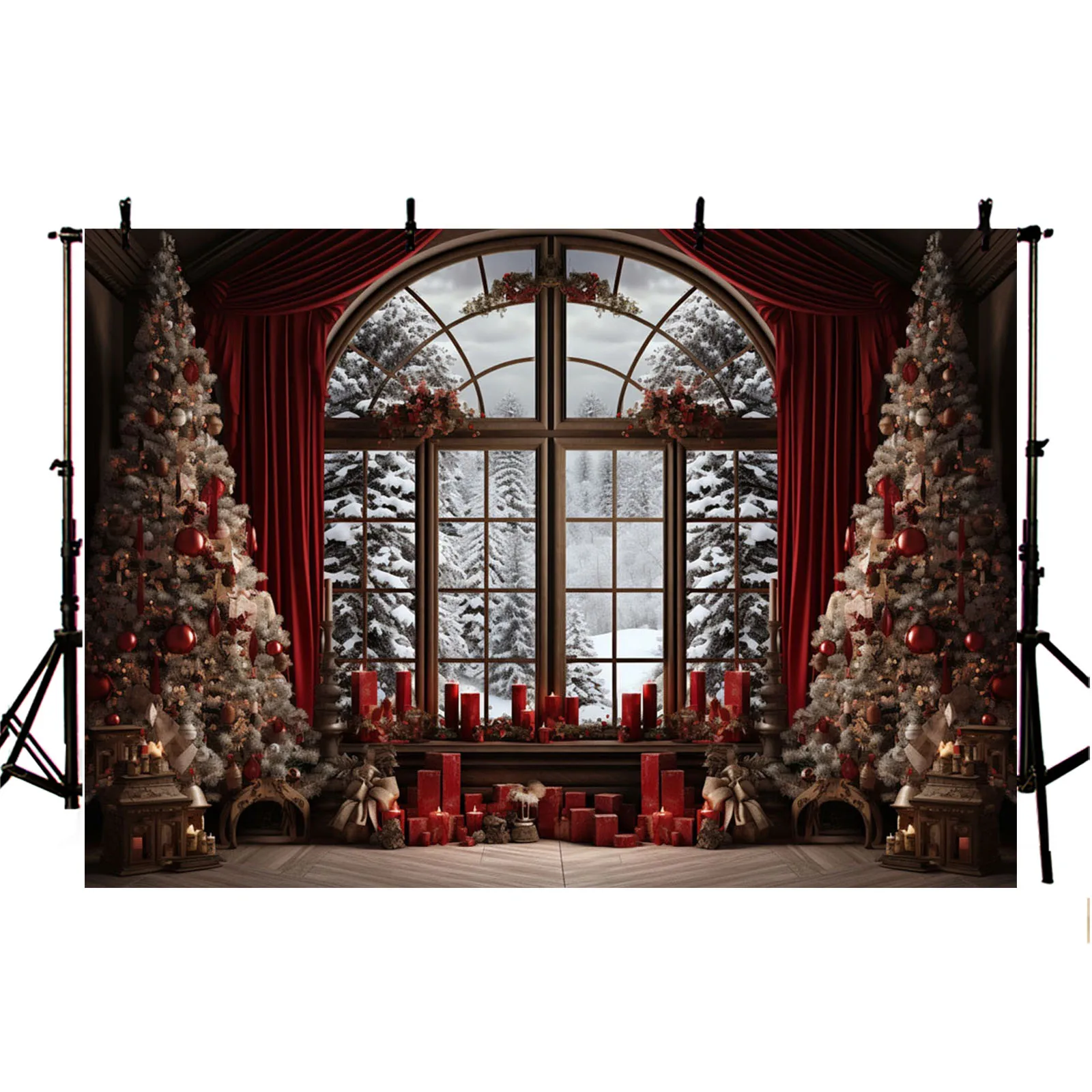 Winter Christmas Photography Backdrop Merry Xmas Tree Window Door Santa Gift Snow Kid Portrait Photozone Background Party Decor