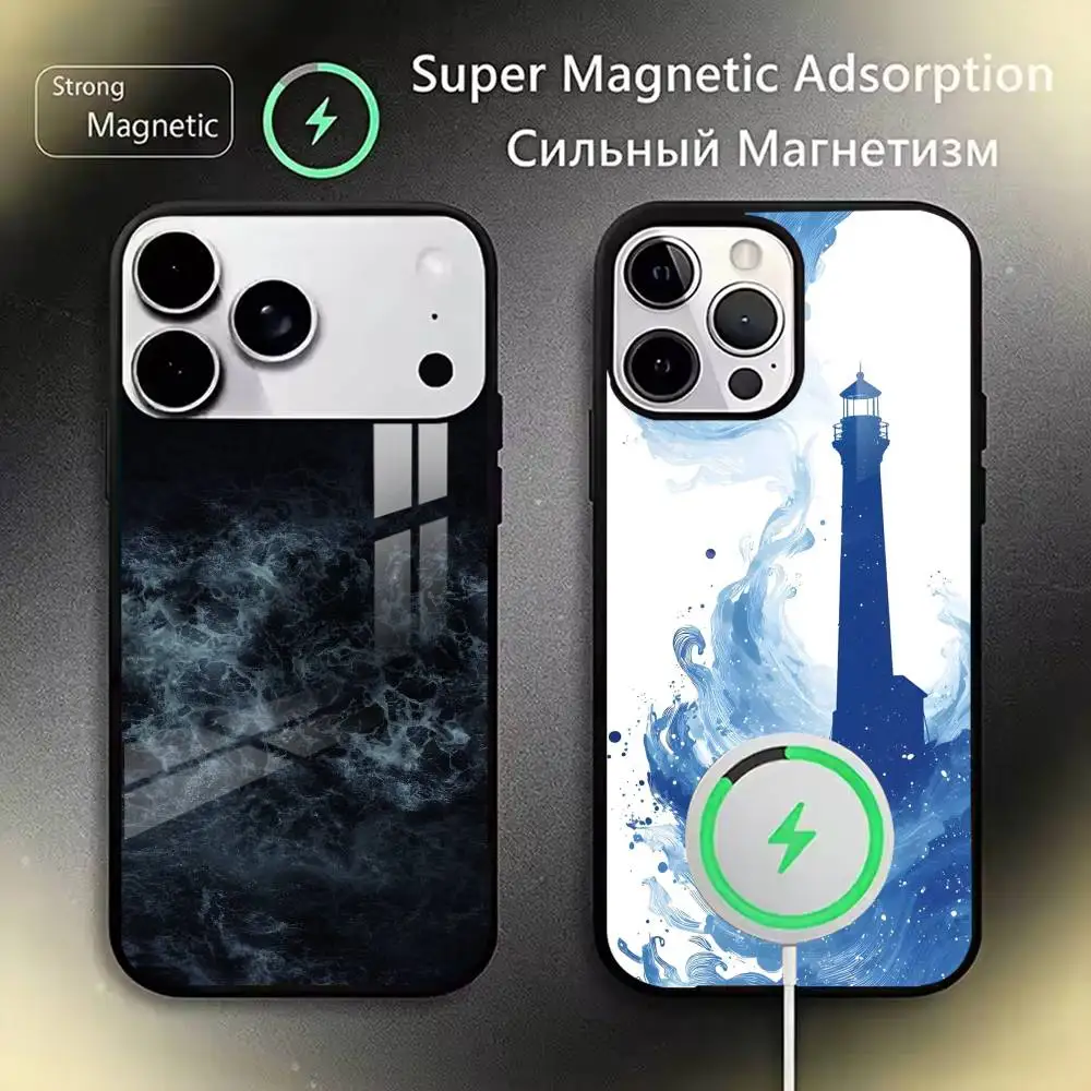 

Minimalist Blue Sea Pattern Phone Case For iPhone17,16,15,14,13,12,11 Plus,Pro Magnetic with Magsafe Wireless Charging
