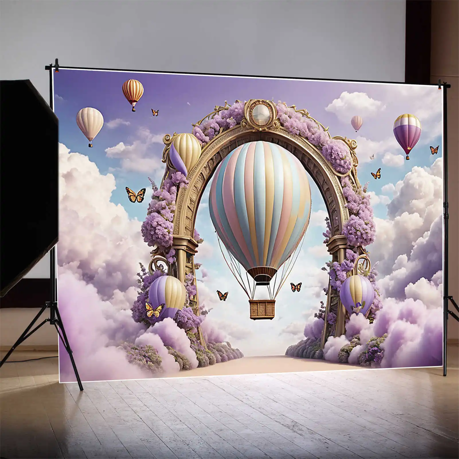MOON.QG-Fondo de estudio fotográfico para niños, telón de fondo rosa y púrpura para cumpleaños, arco Floral con globos y flores, suministros para fotografía