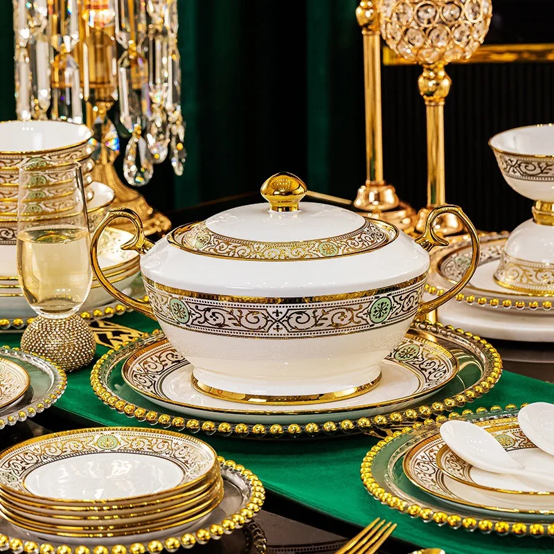 High-grade relief gold bone china tableware bowl set household foreign trade Jingdezhen European ceramic dishes wholesale