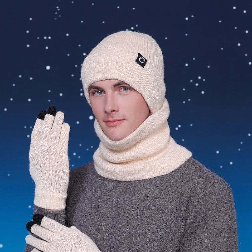Warm Cap Winter Glove Cap Set Korean Style Neck Warmer Knitted Hat Gloves Scarf 3Pcs Set Bucket Hat Solid Beanie