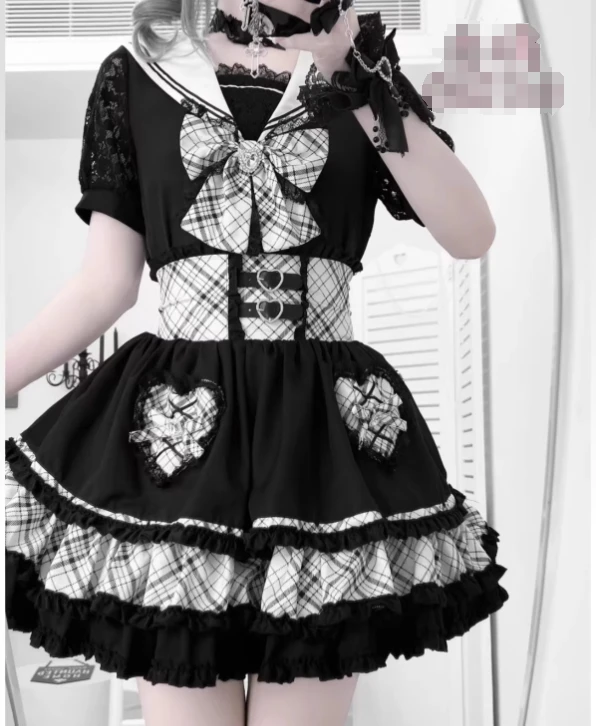 

Original Japanese Style Mass-produced Subculture Sailor Collar Short Sleeve Plaid Patchwork Shirt and Skirt Lolita Skirt Suits