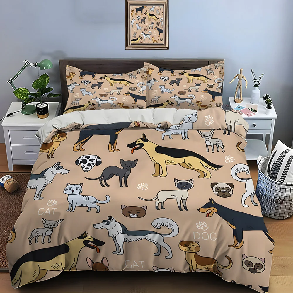 Cute Dog and Cat Illustrations Print Bedding Set 1 Duvet Cover 2 Pillowcases for Adult and Children Luxury Gift Full Size
