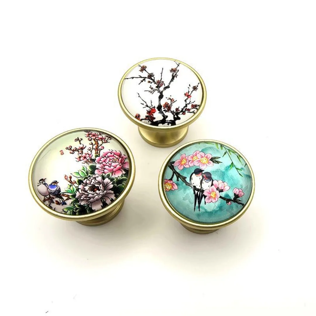 Chinese style Classic Aesthetics Glass Crystal Drawer Dresser Shoe Cabinet Cupboard Furniture Decoration Single Hole Knob Brass