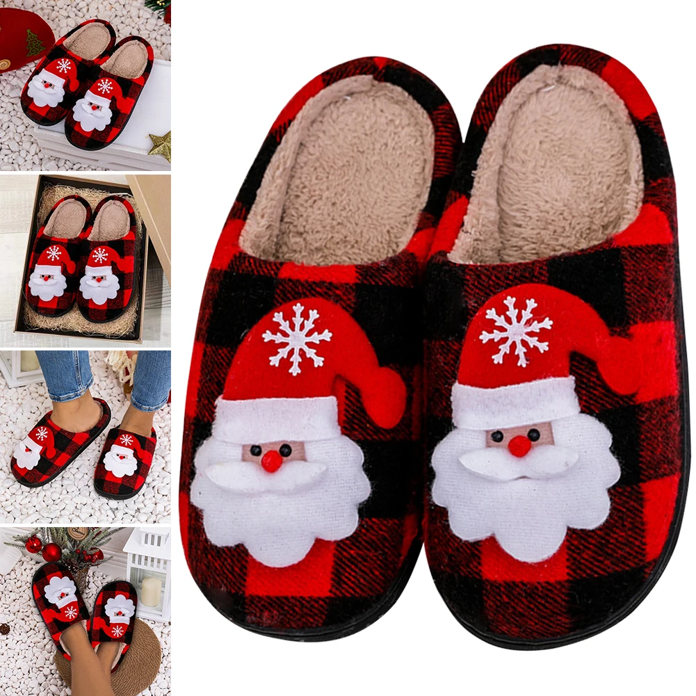 Christmas Fuzzy Indoor Slippers Cozy Santa Claus Indoor Fuzzy Shoes Anti Slip Plush Slip-on House Shoes Plaid Household Supplies