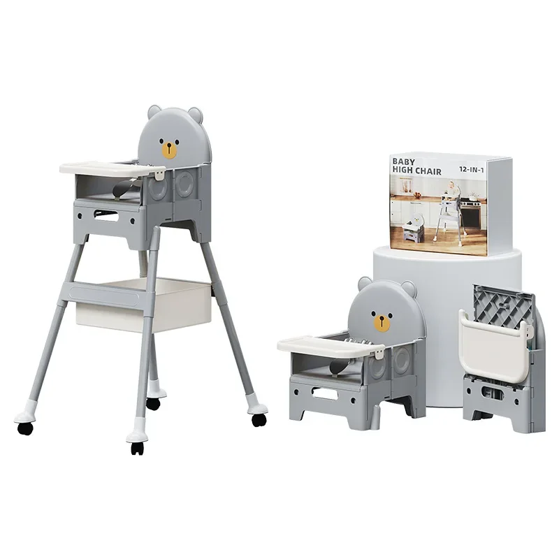 كرسي مرتفع للأطفال 3 في 1، كرسي مرتفع قابل للتحويل للأطفال الصغار، معزز للسفر مع صينية طعام، دب محمول مدمج قابل للطي