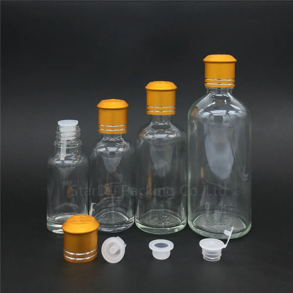 100pcs 5ml/10ml/15ml/20ml/30ML/50ml/100ml Transparent Glass Bottle Vials Essential Oil Bottle With Gold Cap Perfume Bottles