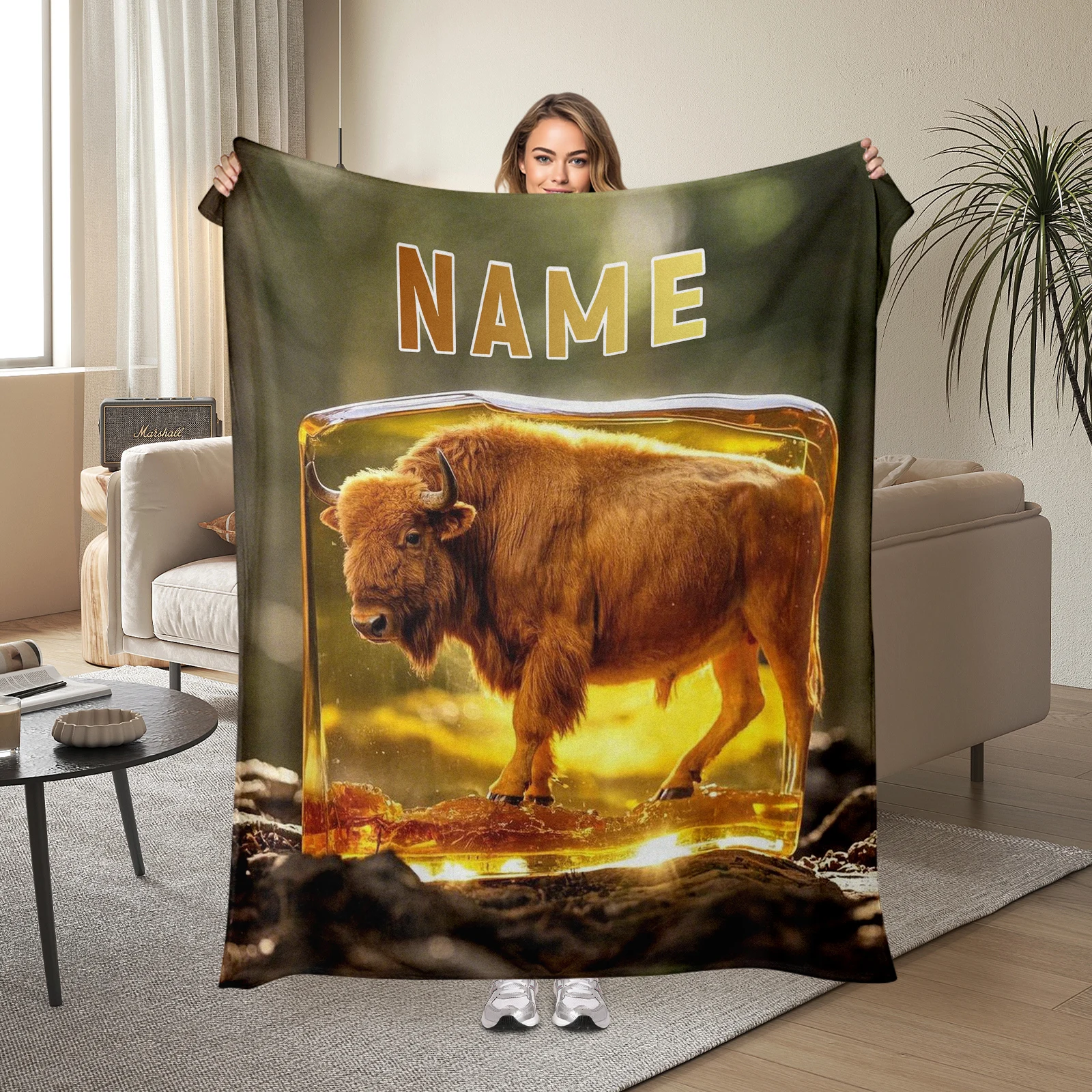 Unique Bison Amber Style Flannel Blanket Featuring Iconic Wildlife And One Customizable Character