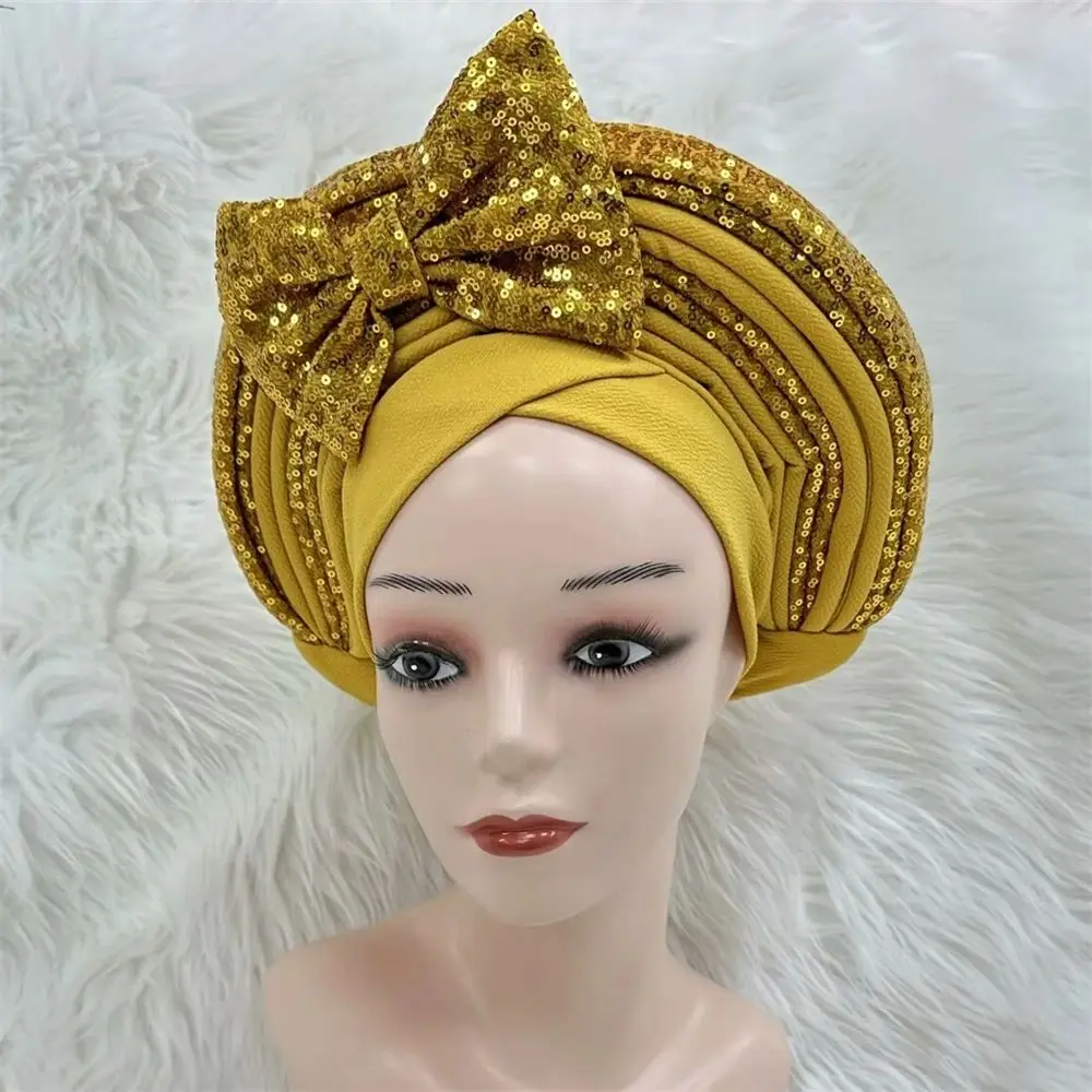 

African Headtie Auto Gele Gold Sequined Women's Head Wear With Sequins, Sego Head-tie Pretty Royal Blue Headtie