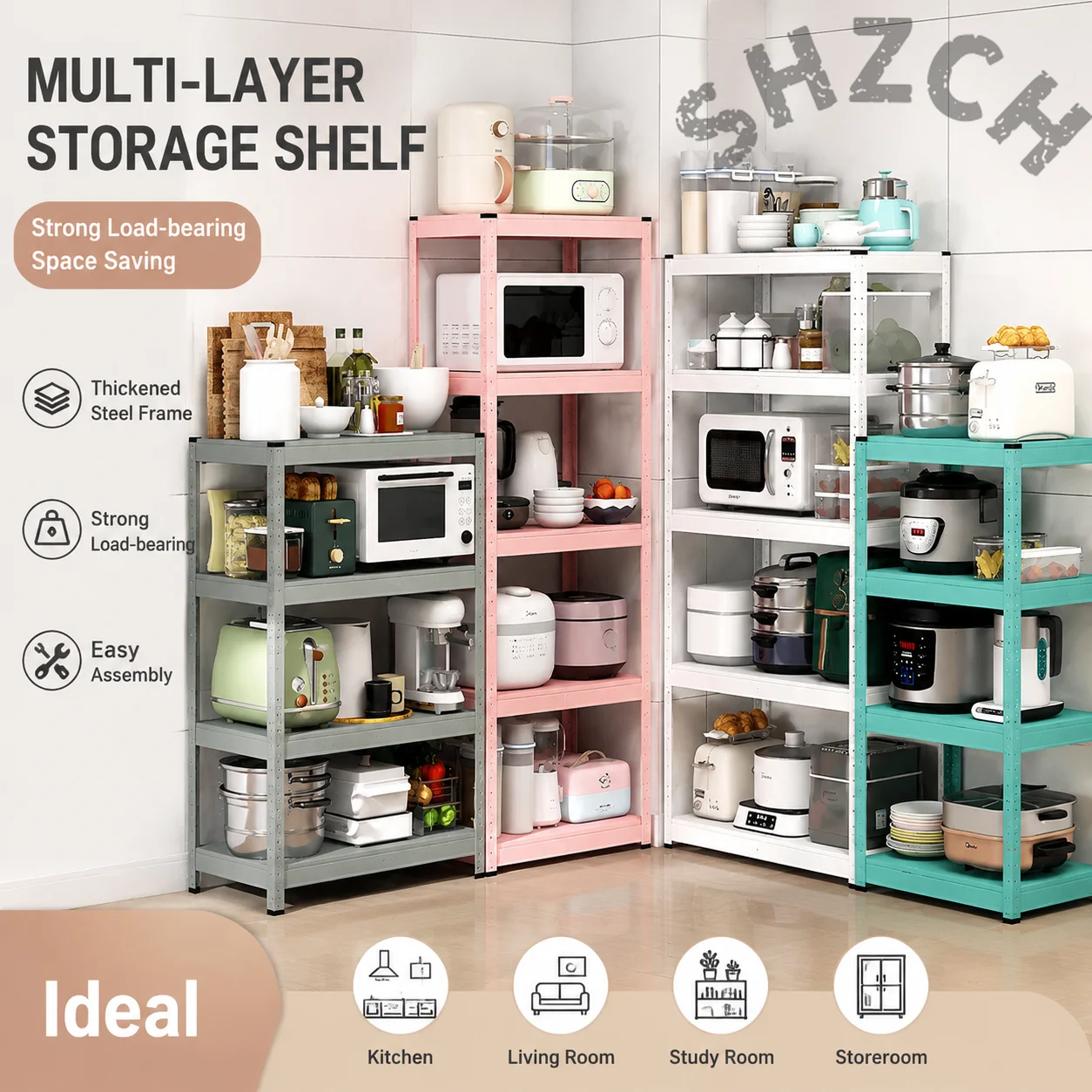 Freestanding Multi-Tier Kitchen Storage Rack for Microwaves and Ovens – Heavy-Duty Colored Carbon Steel