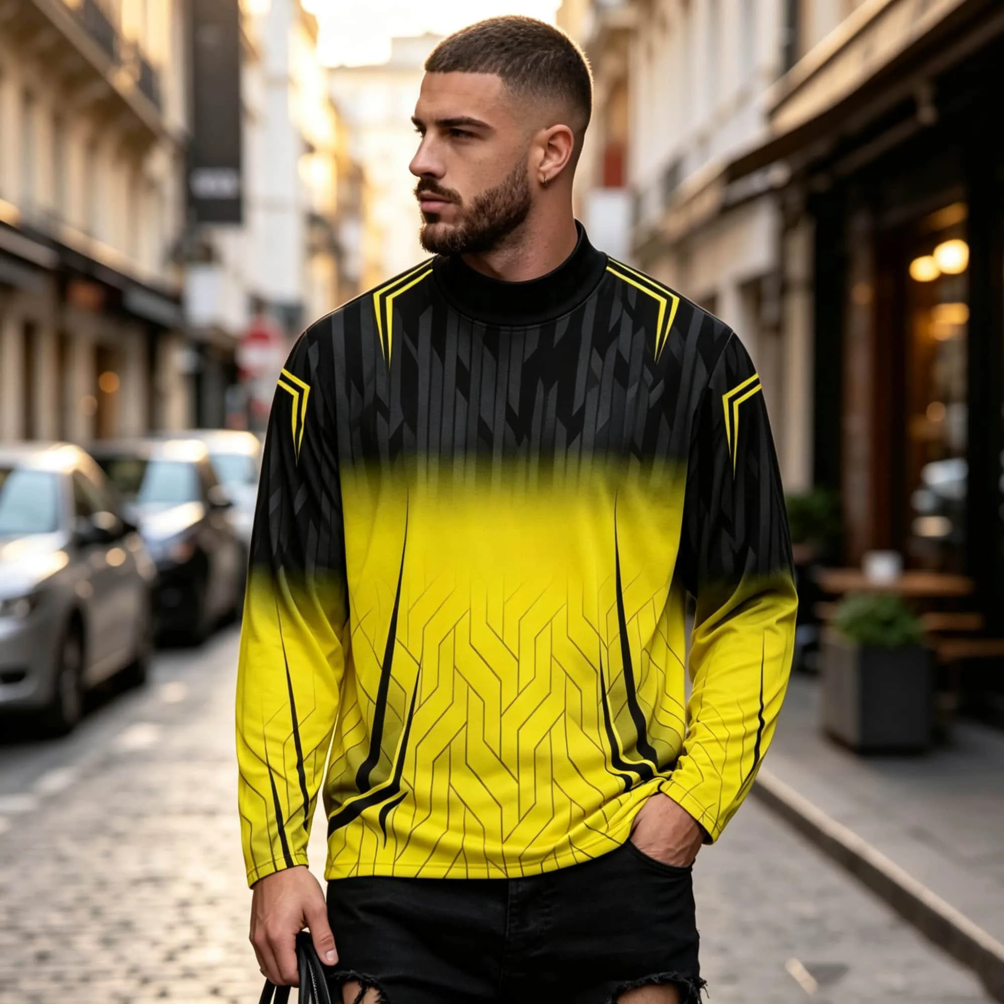 Sporty Graphic Gradient Print Mock Neck Long Sleeve T‑Shirt Men Soft Polyester Fashion Daily Tops