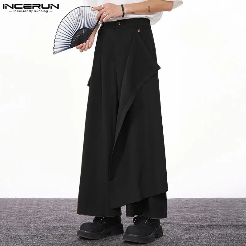 

INCERUN 2024 Korean Style Trousers Men Solid Color Loose Wide Leg Long Pants Casual Stylish Male patchwork Drape Pantalons S-5XL