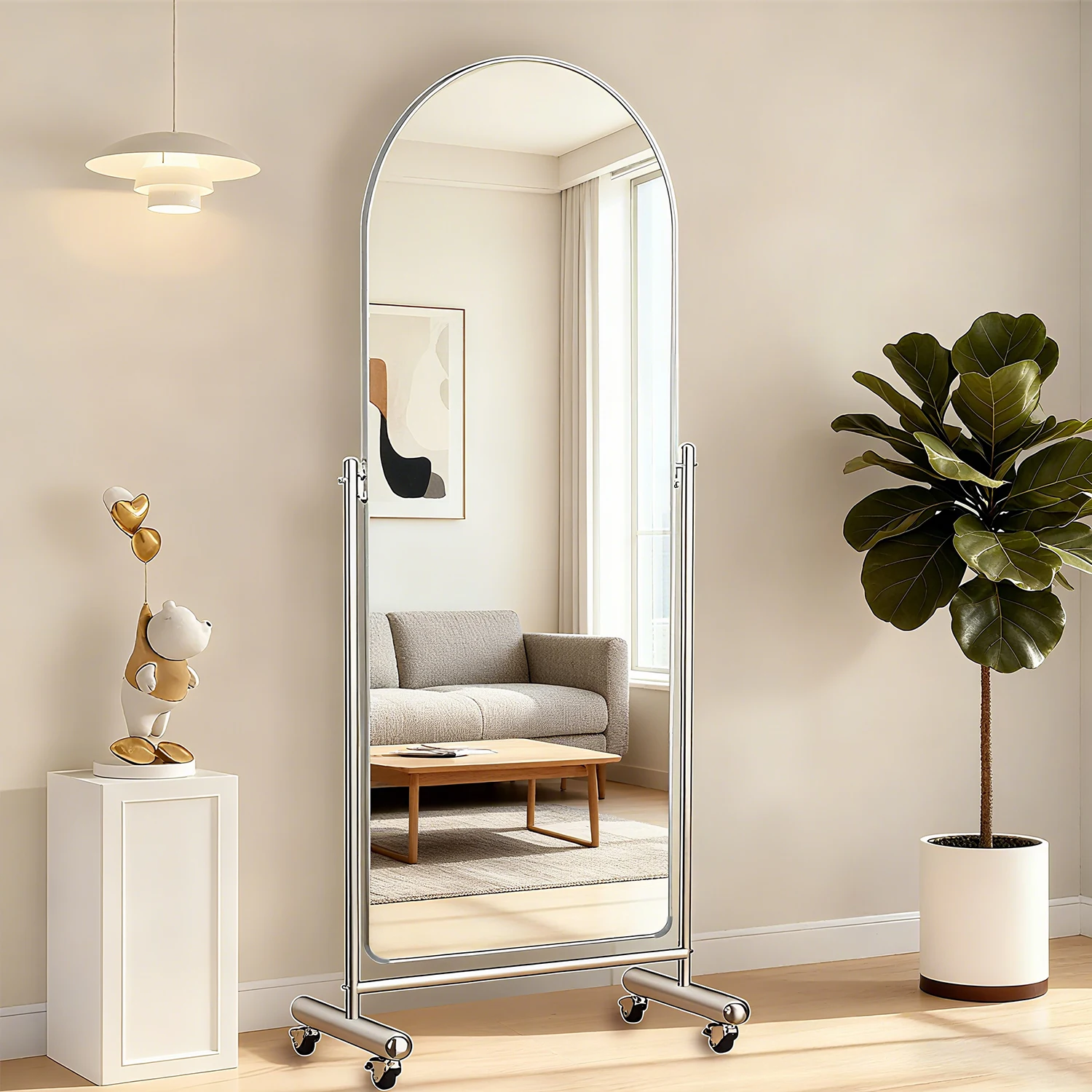 Beweglicher Ganzkörperspiegel, 56 x 166 cm, mit Rollen und Edelstahlhalterung, Spiegelwinkel verstellbar für Schlafzimmer, Ankleidezimmer