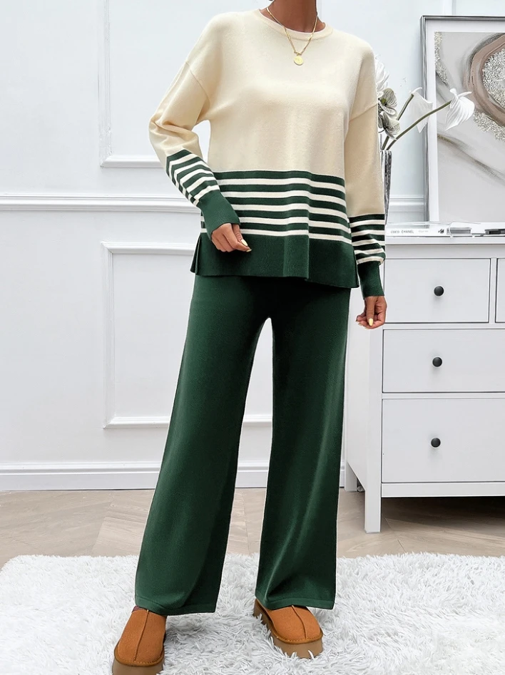 

Homewear Knitting 2 Piece Sets Women Outfit Sweater Autumn Winter Thickening Stripe Turtleneck Loose Fashion Trousers Sets