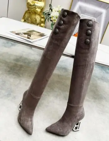 Carpaton Leather Knee High Boots Women Sexy Pointed Toe Strange Heels Long Boots Autumn Motorcycle Leather Riding Boots