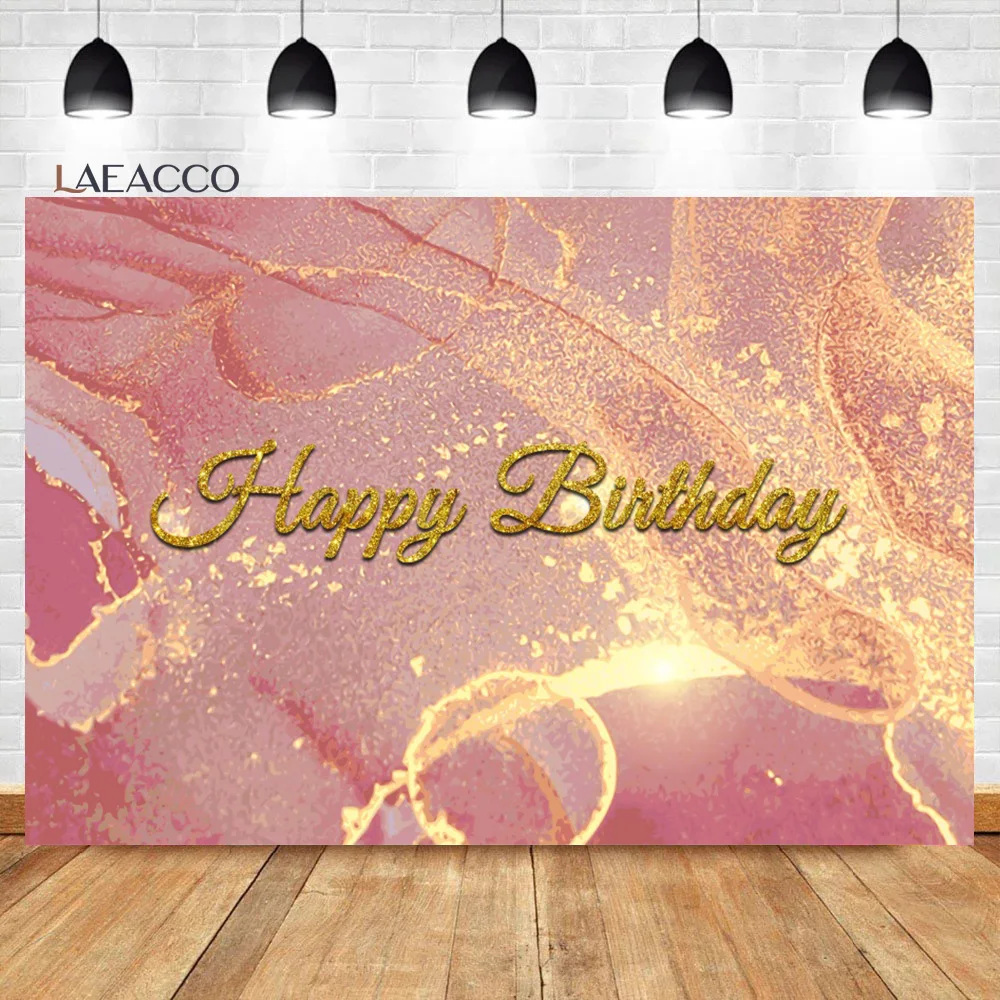 

Laeacco Happy Birthday Marble Backdrop Pink and Gold Chic Marble Texture Baby Shower Portrait Customized Photography Background